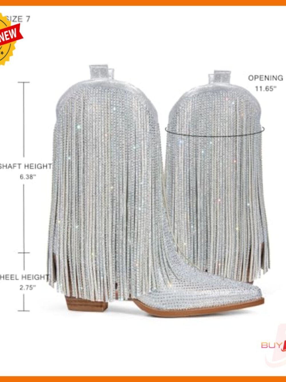 Rhinestone Fringe Cowboy Boots Pointed Toe Pull-On Mid-Calf Western - Picture 5 of 7